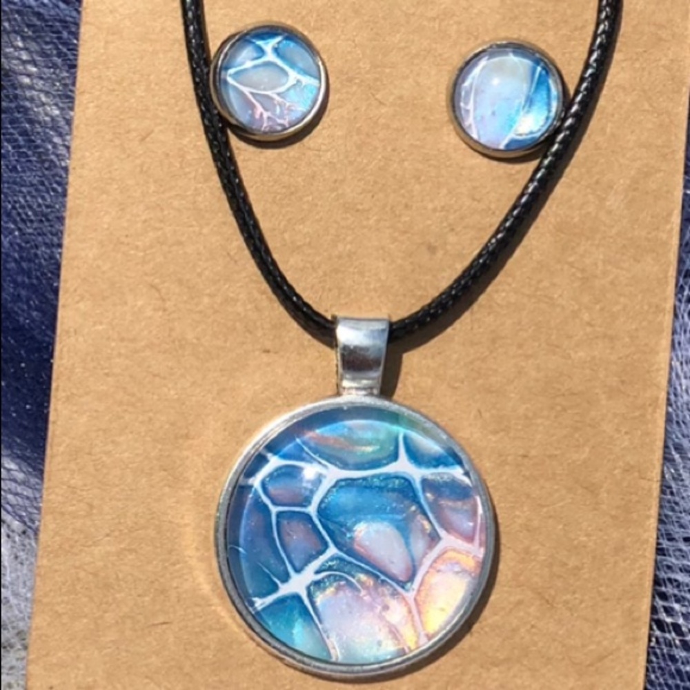 Handmade paint pour necklace and earrings beautiful wearable art